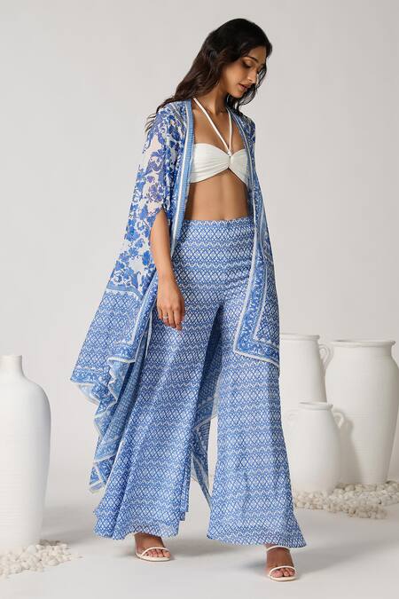 S&N By Shantnu Nikhil_Blue Paisley Print Cape_Online_at_Aza_Fashions