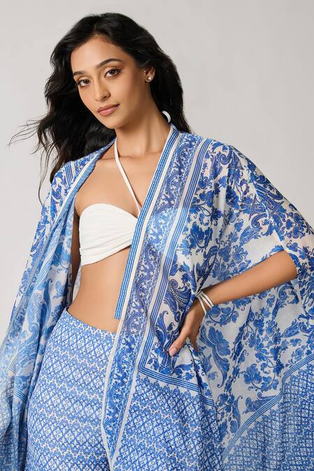Buy_S&N By Shantnu Nikhil_Blue Paisley Print Cape_Online_at_Aza_Fashions