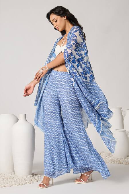 Shop_S&N By Shantnu Nikhil_Blue Paisley Print Cape_Online_at_Aza_Fashions