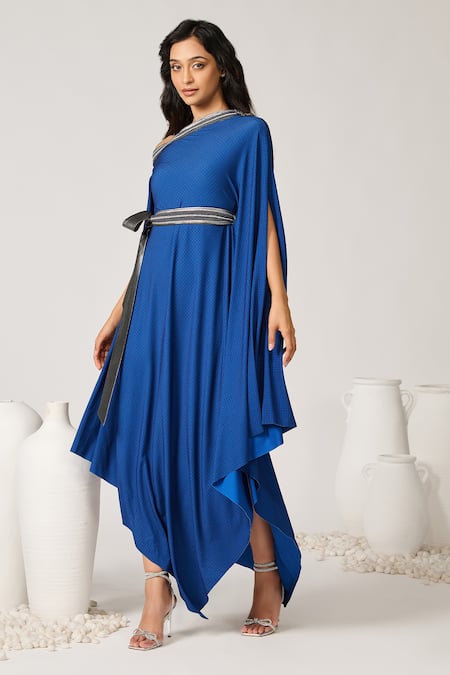 S&N By Shantnu Nikhil_Blue Polyester Embroidery Asymmetric Neckline Dress_Online_at_Aza_Fashions