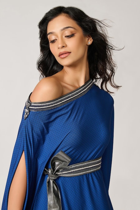 Shop_S&N By Shantnu Nikhil_Blue Polyester Embroidery Asymmetric Neckline Dress_Online_at_Aza_Fashions
