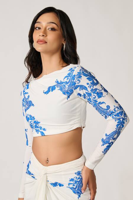Buy_S&N By Shantnu Nikhil_Off White Polyester Embroidery Boat Neck Paisley Floral Print Draped Top_Online_at_Aza_Fashions
