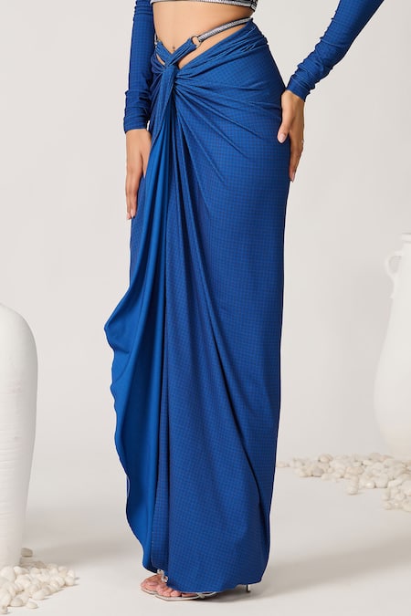 Buy S&N By Shantnu Nikhil Blue Polyester Sartorial Geometric Print Draped Skirt Online at Aza Fashions Buy_S&N By Shantnu Nikhil_Blue Polyester Sartorial Geometric Print Draped Skirt_Online_at_Aza_Fashions