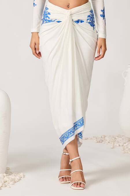 S&N By Shantnu Nikhil Off White Polyester Sartorial Swirl Print Draped Skirt Online at Aza Fashions S&N By Shantnu Nikhil_Off White Polyester Sartorial Swirl Print Draped Skirt_Online_at_Aza_Fashions