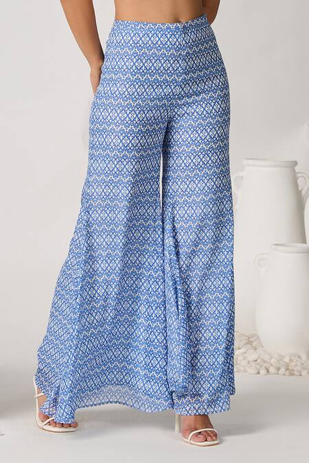 S&N By Shantnu Nikhil_Blue Chiffon Sartorial Geometric Print Flared Pant_Online_at_Aza_Fashions
