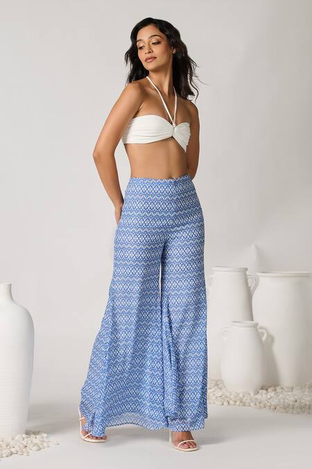 Buy_S&N By Shantnu Nikhil_Blue Chiffon Sartorial Geometric Print Flared Pant_Online_at_Aza_Fashions