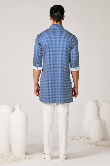 Shop S&N By Shantnu Nikhil Blue Crepe, Jersey Embroidery Sartorial Print Short Kurta at Aza Fashions Shop_S&N By Shantnu Nikhil_Blue Crepe, Jersey Embroidery Sartorial Print Short Kurta_at_Aza_Fashions