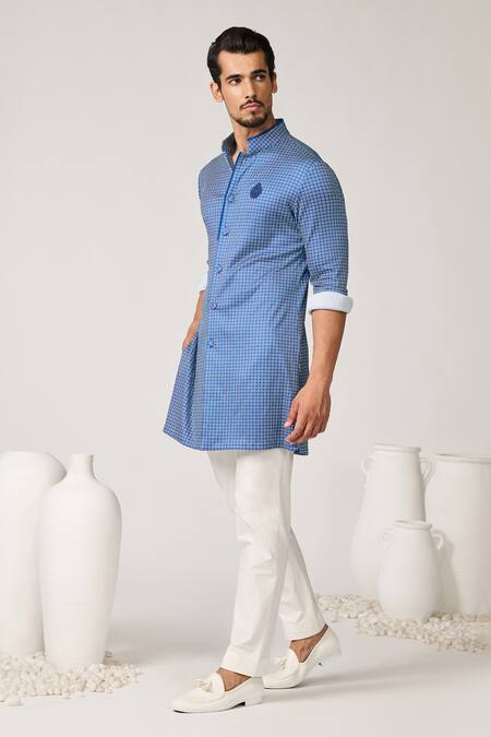 Buy S&N By Shantnu Nikhil Blue Crepe, Jersey Embroidery Sartorial Print Short Kurta Online at Aza Fashions Buy_S&N By Shantnu Nikhil_Blue Crepe, Jersey Embroidery Sartorial Print Short Kurta_Online_at_Aza_Fashions