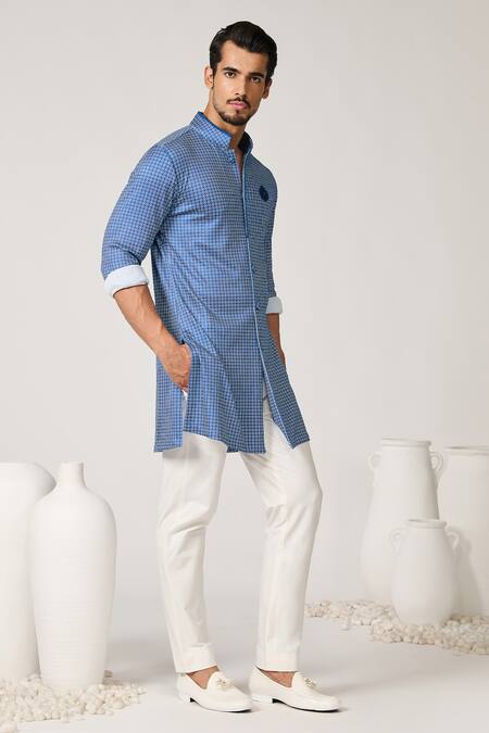 Shop S&N By Shantnu Nikhil Blue Crepe, Jersey Embroidery Sartorial Print Short Kurta Online at Aza Fashions Shop_S&N By Shantnu Nikhil_Blue Crepe, Jersey Embroidery Sartorial Print Short Kurta_Online_at_Aza_Fashions