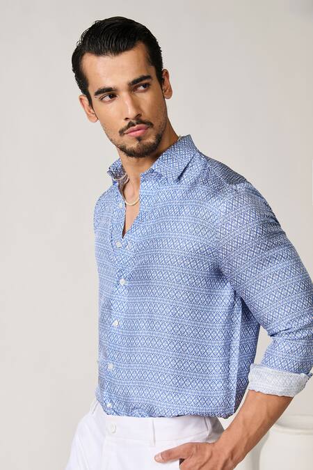 S&N By Shantnu Nikhil_Blue Silk, Twill Sartorial Floral Print Shirt_Online_at_Aza_Fashions