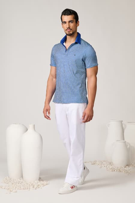 S&N by Shantnu Nikhil Blue Crepe Jersey Printed Sartorial Geometric T-shirt 