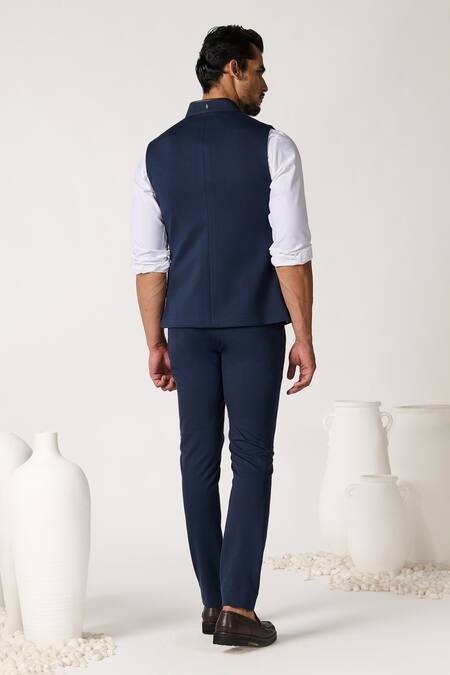 Shop S&N By Shantnu Nikhil Blue Rayon, Nylon Solid Faux Leather Detail Bundi at Aza Fashions Shop_S&N By Shantnu Nikhil_Blue Rayon, Nylon Solid Faux Leather Detail Bundi_at_Aza_Fashions