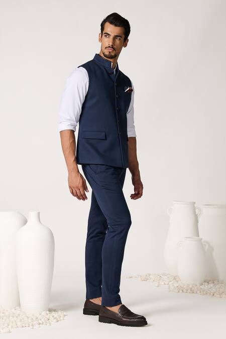 Buy S&N By Shantnu Nikhil Blue Rayon, Nylon Solid Faux Leather Detail Bundi Online at Aza Fashions Buy_S&N By Shantnu Nikhil_Blue Rayon, Nylon Solid Faux Leather Detail Bundi_Online_at_Aza_Fashions