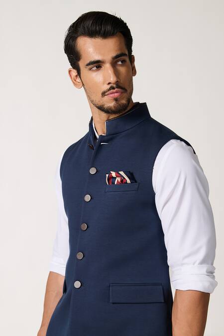 Shop S&N By Shantnu Nikhil Blue Rayon, Nylon Solid Faux Leather Detail Bundi Online at Aza Fashions Shop_S&N By Shantnu Nikhil_Blue Rayon, Nylon Solid Faux Leather Detail Bundi_Online_at_Aza_Fashions