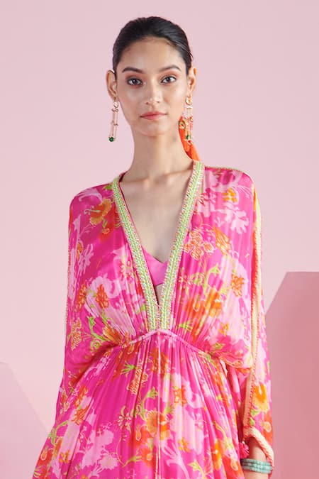 Mandira Wirk - Indian_Pink Chiffon Embroidery Plunge Neck Bahar Iznik Print Kaftan _Online_at_Aza_Fashions