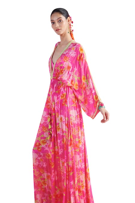 Buy_Mandira Wirk - Indian_Pink Chiffon Embroidery Plunge Neck Bahar Iznik Print Kaftan _Online_at_Aza_Fashions