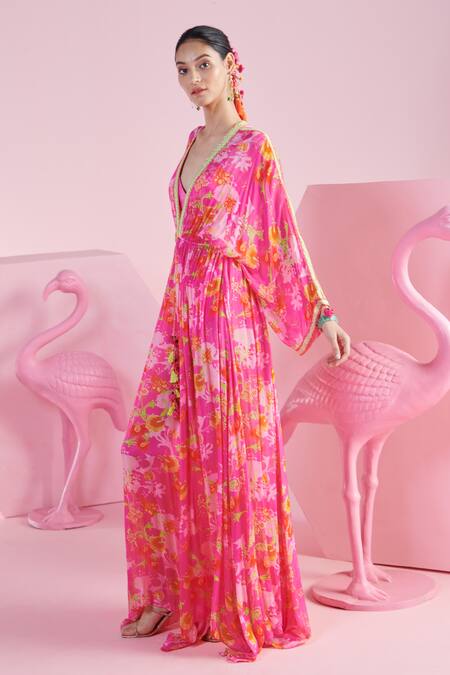 Shop_Mandira Wirk - Indian_Pink Chiffon Embroidery Plunge Neck Bahar Iznik Print Kaftan _Online_at_Aza_Fashions