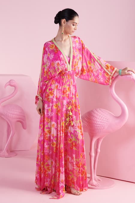Mandira Wirk - Indian_Pink Chiffon Embroidery Plunge Neck Bahar Iznik Print Kaftan _at_Aza_Fashions