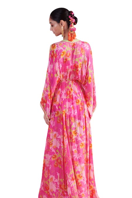 Buy_Mandira Wirk - Indian_Pink Chiffon Embroidery Plunge Neck Bahar Iznik Print Kaftan 
