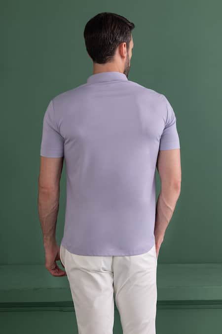 Shop_Amit Arora_Purple Cotton Knit Plain Crest Embroidered T-shirt _at_Aza_Fashions