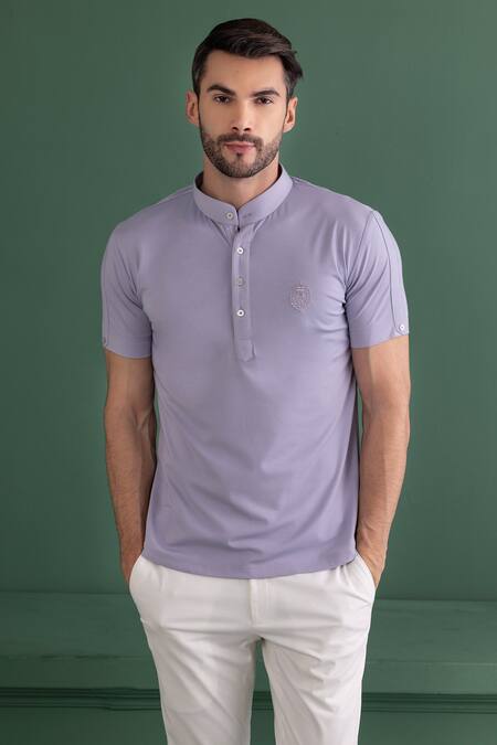 Amit Arora_Purple Cotton Knit Plain Crest Embroidered T-shirt _Online_at_Aza_Fashions
