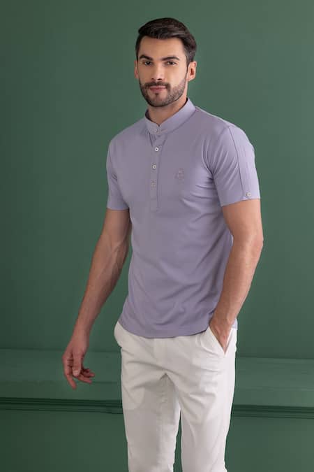 Buy_Amit Arora_Purple Cotton Knit Plain Crest Embroidered T-shirt _Online_at_Aza_Fashions