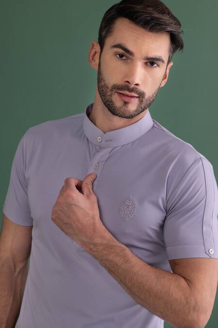 Shop_Amit Arora_Purple Cotton Knit Plain Crest Embroidered T-shirt _Online_at_Aza_Fashions
