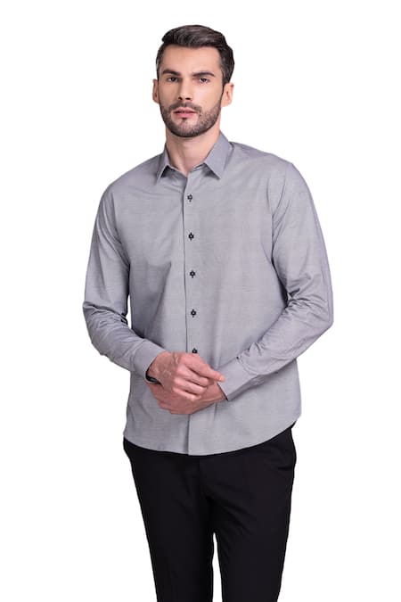 Amit Arora_Grey Cotton Knit Placement Embroidery Face Motif Abstract Shirt_Online_at_Aza_Fashions