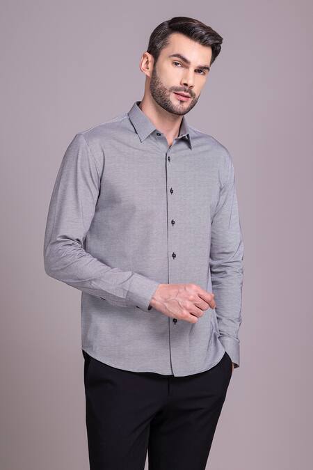 Buy_Amit Arora_Grey Cotton Knit Placement Embroidery Face Motif Abstract Shirt_Online_at_Aza_Fashions