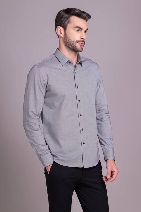 Shop_Amit Arora_Grey Cotton Knit Placement Embroidery Face Motif Abstract Shirt_Online_at_Aza_Fashions