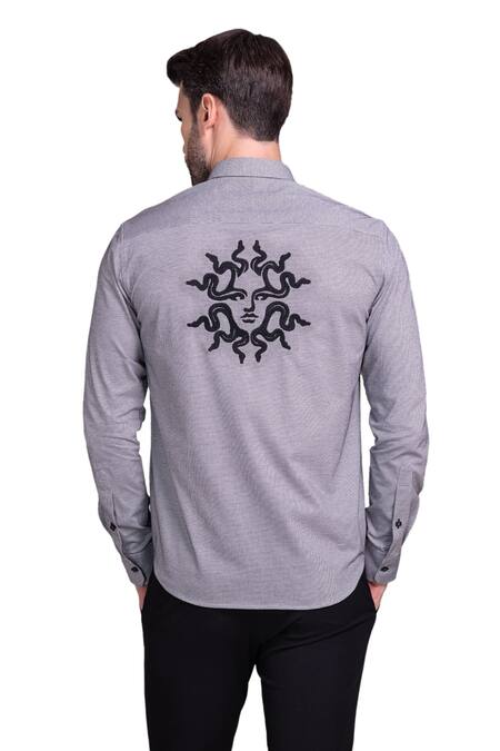 Amit Arora_Grey Cotton Knit Placement Embroidery Face Motif Abstract Shirt_at_Aza_Fashions