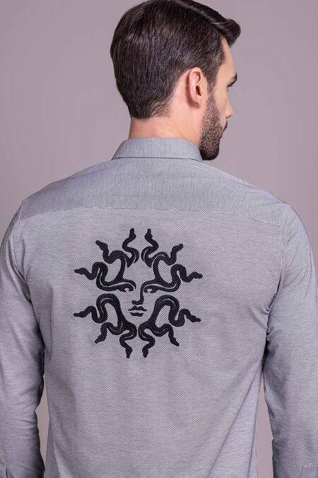 Buy_Amit Arora_Grey Cotton Knit Placement Embroidery Face Motif Abstract Shirt