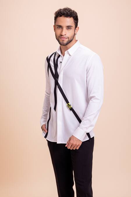 Amit Arora White Cotton Panel Patch Work Shirt Online at Aza Fashions Amit Arora_White Cotton Panel Patch Work Shirt_Online_at_Aza_Fashions