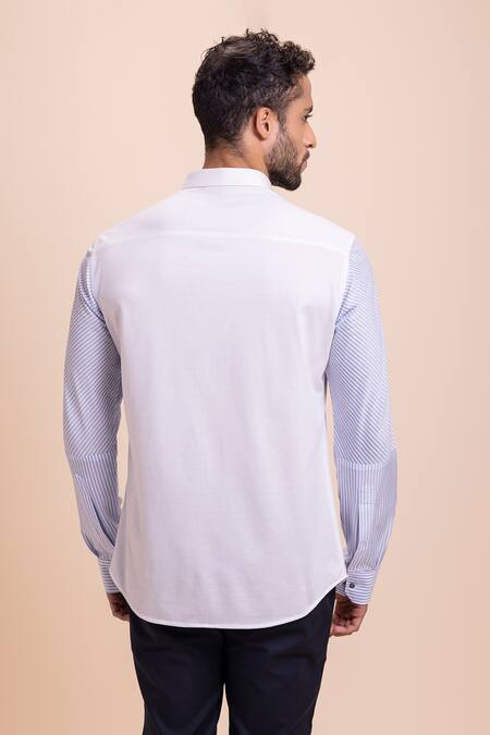 Shop Amit Arora White Cotton Placement Stripe Pattern Shirt at Aza Fashions Shop_Amit Arora_White Cotton Placement Stripe Pattern Shirt_at_Aza_Fashions
