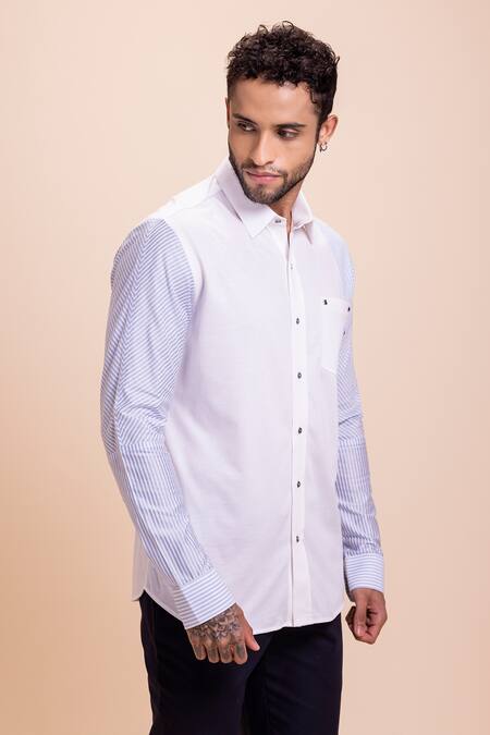 Amit Arora White Cotton Placement Stripe Pattern Shirt Online at Aza Fashions Amit Arora_White Cotton Placement Stripe Pattern Shirt_Online_at_Aza_Fashions