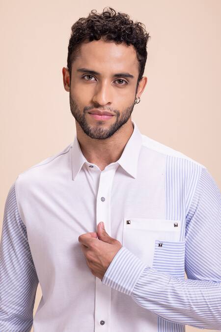 Shop Amit Arora White Cotton Placement Stripe Pattern Shirt Online at Aza Fashions Shop_Amit Arora_White Cotton Placement Stripe Pattern Shirt_Online_at_Aza_Fashions