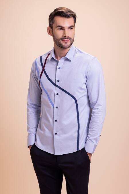 Amit Arora Blue Cotton Contrast Panel Patch Detail Shirt Online at Aza Fashions Amit Arora_Blue Cotton Contrast Panel Patch Detail Shirt _Online_at_Aza_Fashions