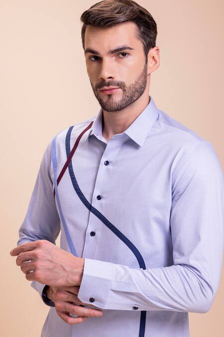 Shop Amit Arora Blue Cotton Contrast Panel Patch Detail Shirt Online at Aza Fashions Shop_Amit Arora_Blue Cotton Contrast Panel Patch Detail Shirt _Online_at_Aza_Fashions