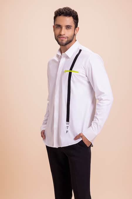 Amit Arora_White Cotton Contrast Panel Shirt_at_Aza_Fashions