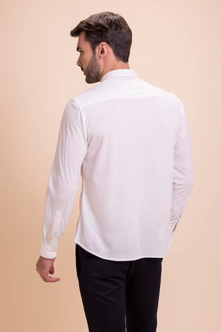 Shop_Amit Arora_White Cotton Knit Plain Color Block Shirt _at_Aza_Fashions