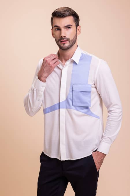 Amit Arora_White Cotton Knit Plain Color Block Shirt _Online_at_Aza_Fashions