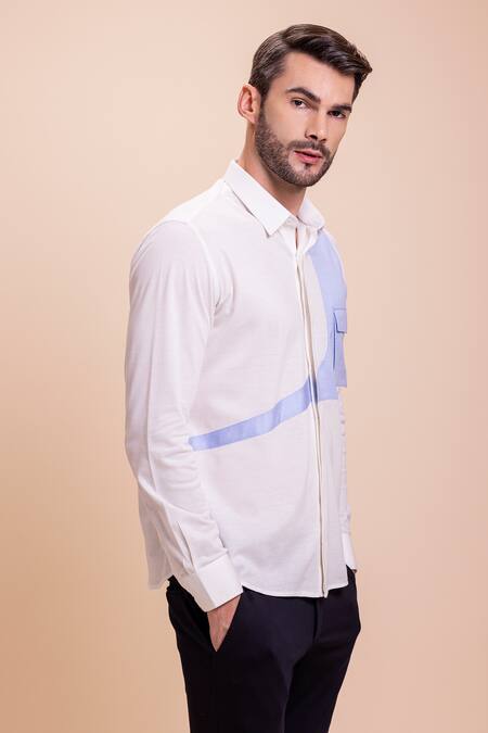 Buy_Amit Arora_White Cotton Knit Plain Color Block Shirt _Online_at_Aza_Fashions