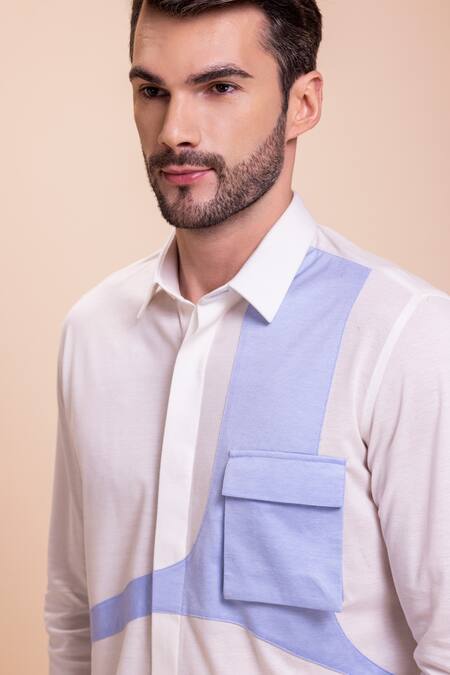 Shop_Amit Arora_White Cotton Knit Plain Color Block Shirt _Online_at_Aza_Fashions