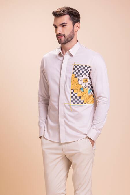 Amit Arora_White Cotton Embroidery Floral Canvas Patch Work Shirt_Online_at_Aza_Fashions