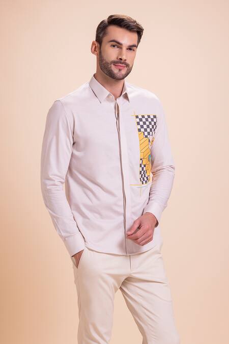 Buy_Amit Arora_White Cotton Embroidery Floral Canvas Patch Work Shirt_Online_at_Aza_Fashions