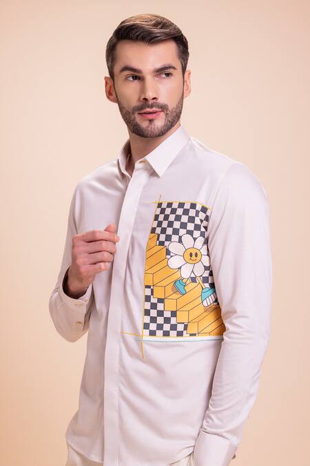 Shop_Amit Arora_White Cotton Embroidery Floral Canvas Patch Work Shirt_Online_at_Aza_Fashions