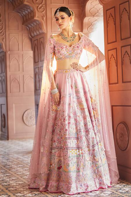 Buy_Aariyana Couture_Pink Silk Organza, Viscose, Net Gardens Of Palace Bridal Lehenga Set_Online_at_Aza_Fashions
