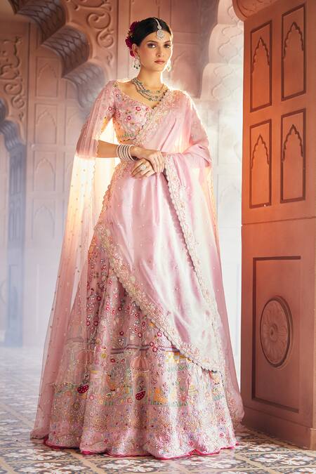 Shop_Aariyana Couture_Pink Silk Organza, Viscose, Net Gardens Of Palace Bridal Lehenga Set_Online_at_Aza_Fashions