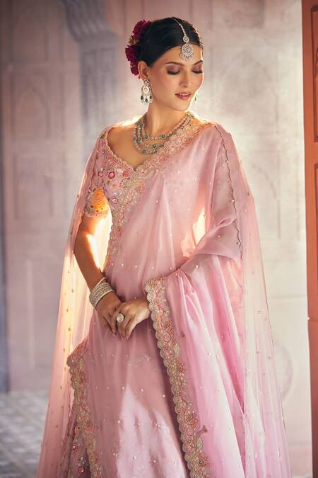 Aariyana Couture_Pink Silk Organza, Viscose, Net Gardens Of Palace Bridal Lehenga Set_at_Aza_Fashions
