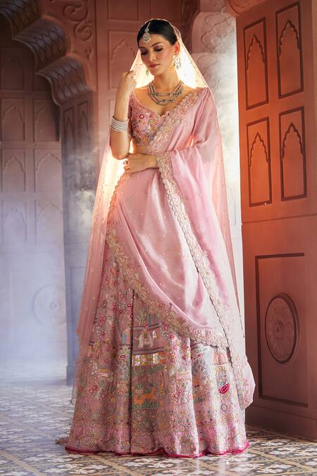 Buy_Aariyana Couture_Pink Silk Organza, Viscose, Net Gardens Of Palace Bridal Lehenga Set